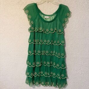 Miss Closet Tiered Mini Dress Womens Green Embroidered Scalloped Ruffle Boho